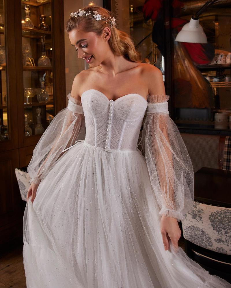 La22244 glitter tulle wedding dress with off the shoulder sleeves and sweetheart neckline4